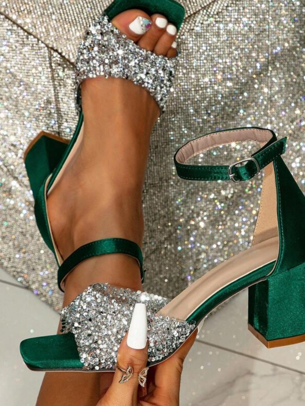 SHEIN Emerald Green Satin Block Heels with Crystal Strap
